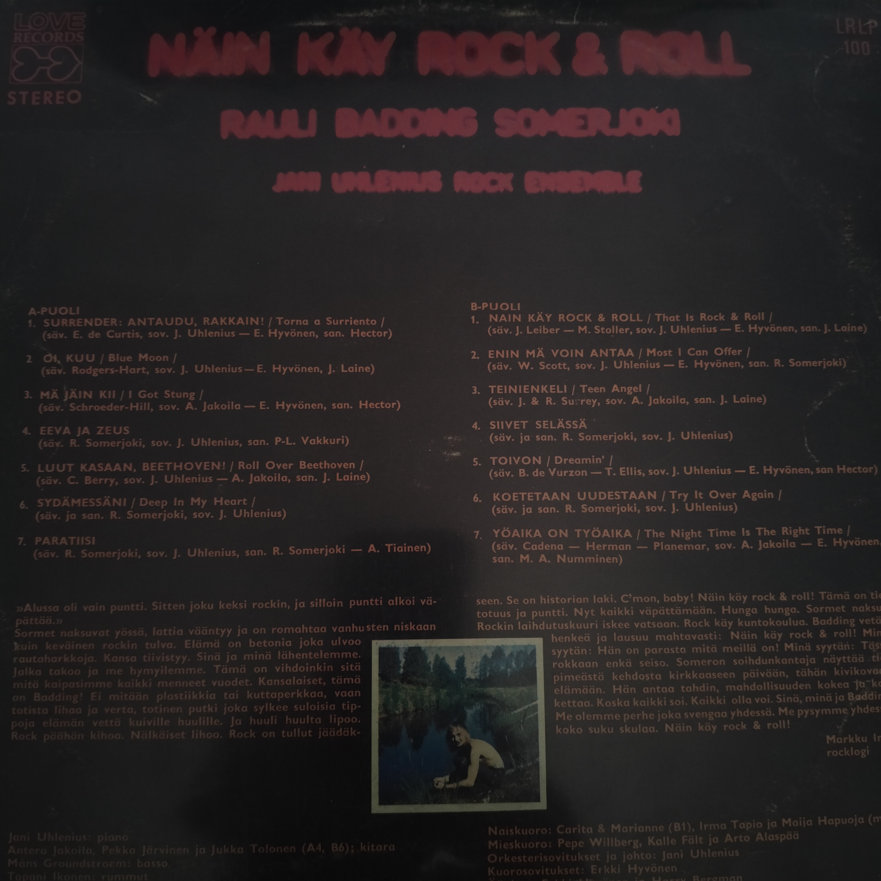 Rauli Badding Somerjoki Näin käy Rock & Roll lp-levyn takakansi